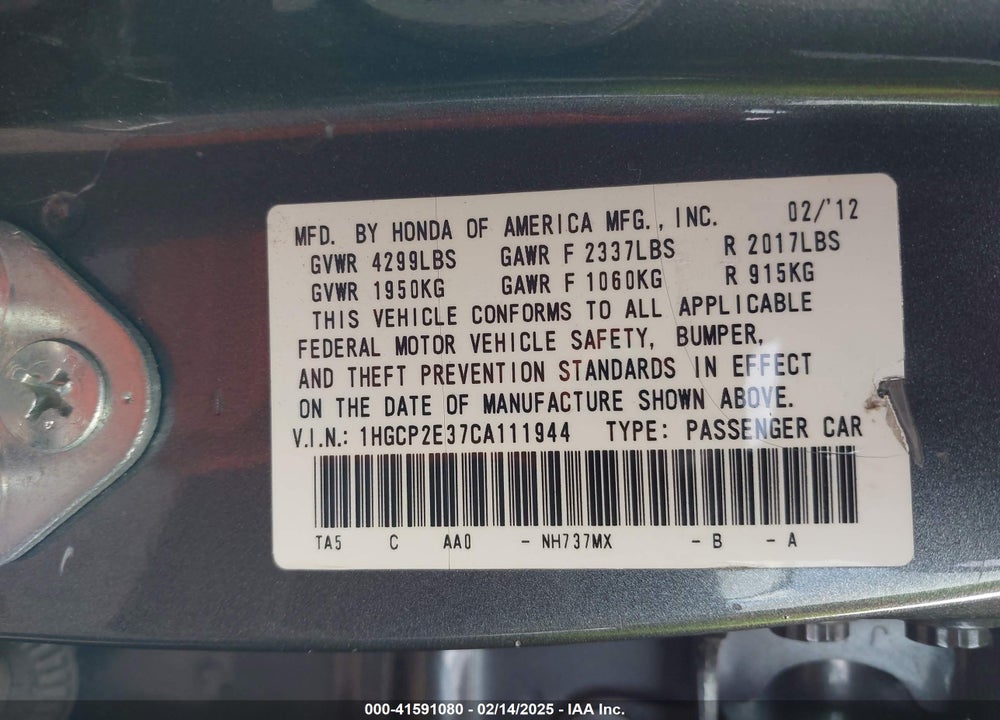 2012 HONDA ACCORD 2.4 LX VIN: 1HGCP2E37CA111944