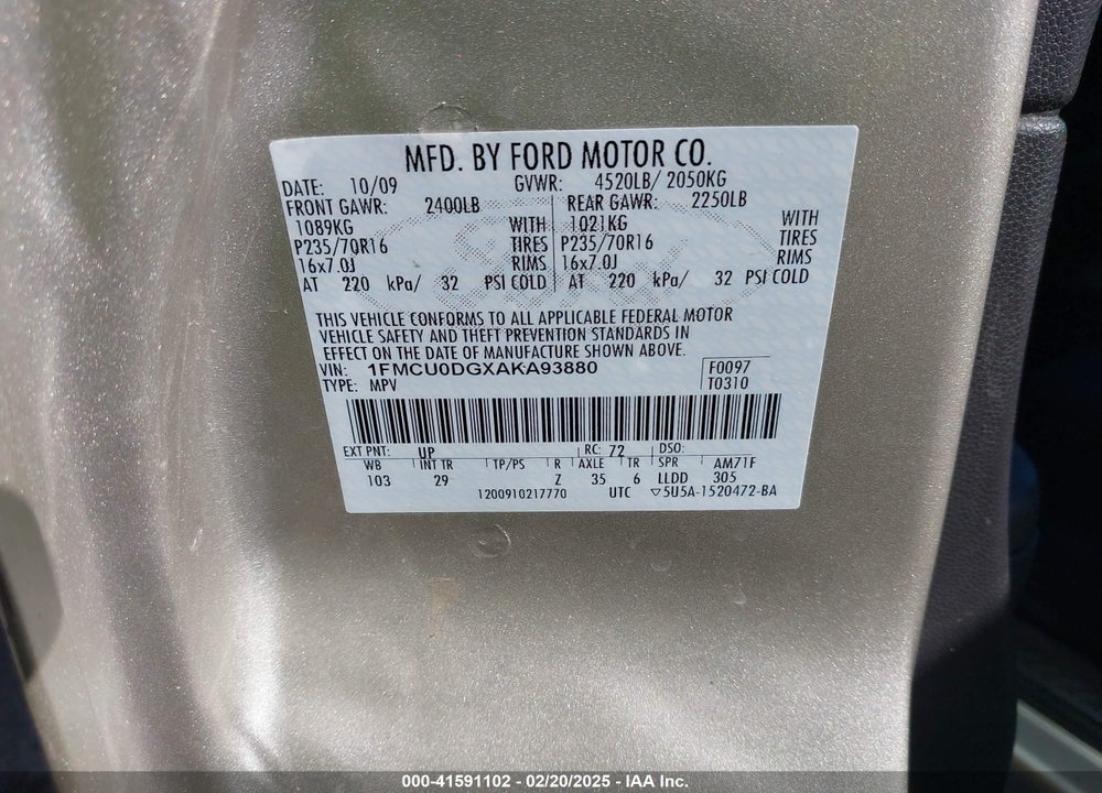 2010 FORD ESCAPE XLT VIN: 1FMCU0DGXAKA93880