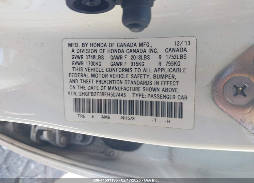 2014 HONDA CIVIC VIN: 2HGFB2F58EH507445