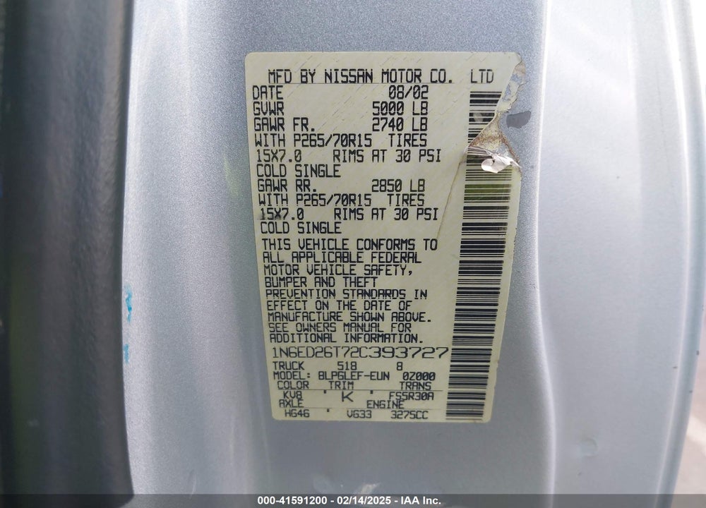2002 NISSAN FRONTIER DESERT RUNNER XE-V6 VIN: 1N6ED26T72C393727