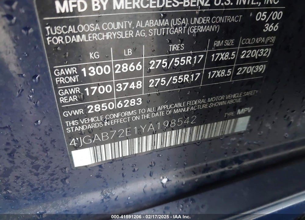 2000 MERCEDES-BENZ ML 430 VIN: 4JGAB72E1YA198542