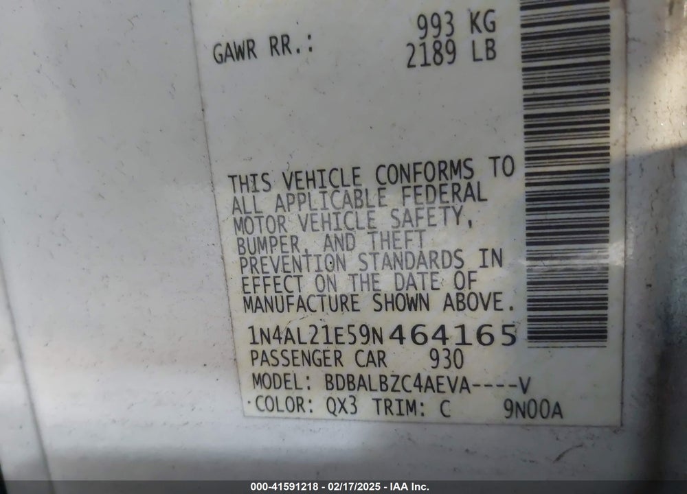 2009 NISSAN ALTIMA 2.5 S VIN: 1N4AL21E59N464165