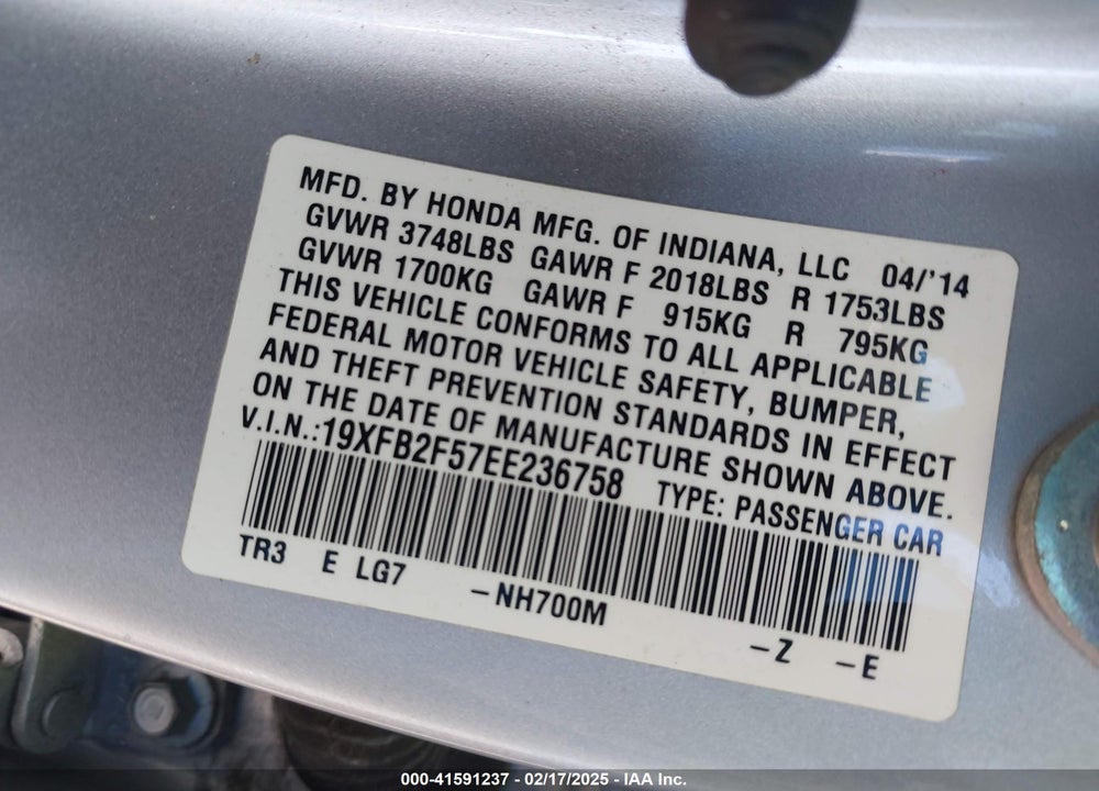 2014 HONDA CIVIC VIN: 19XFB2F57EE236758