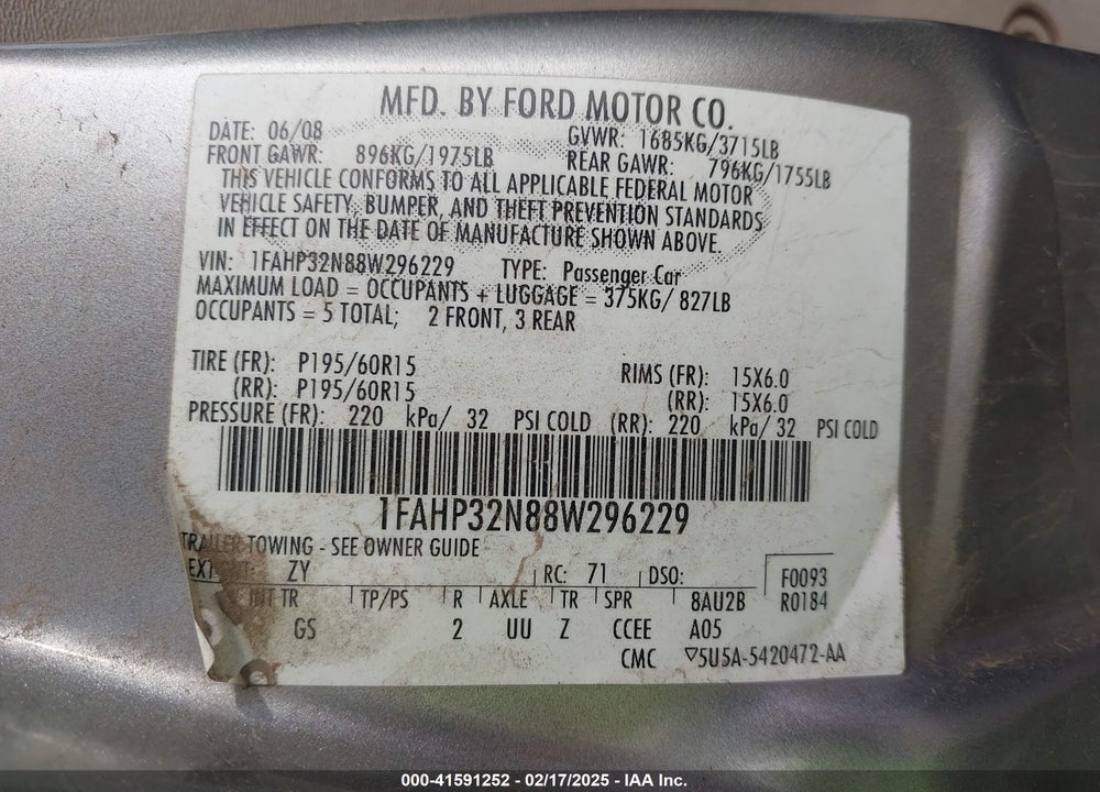 2008 FORD FOCUS VIN: 1FAHP32N88W296229