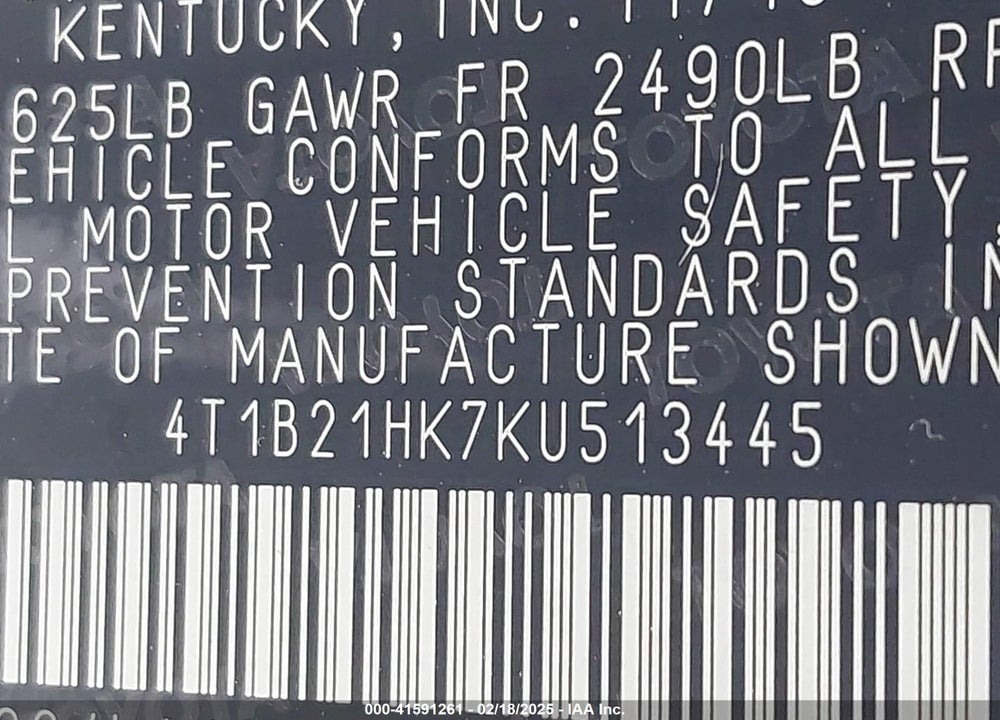 2019 TOYOTA CAMRY HYBRID VIN: 4T1B21HK7KU513445