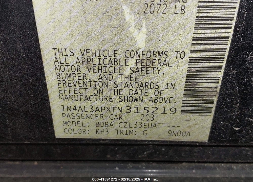 2015 NISSAN ALTIMA VIN: 1N4AL3APXFN315219