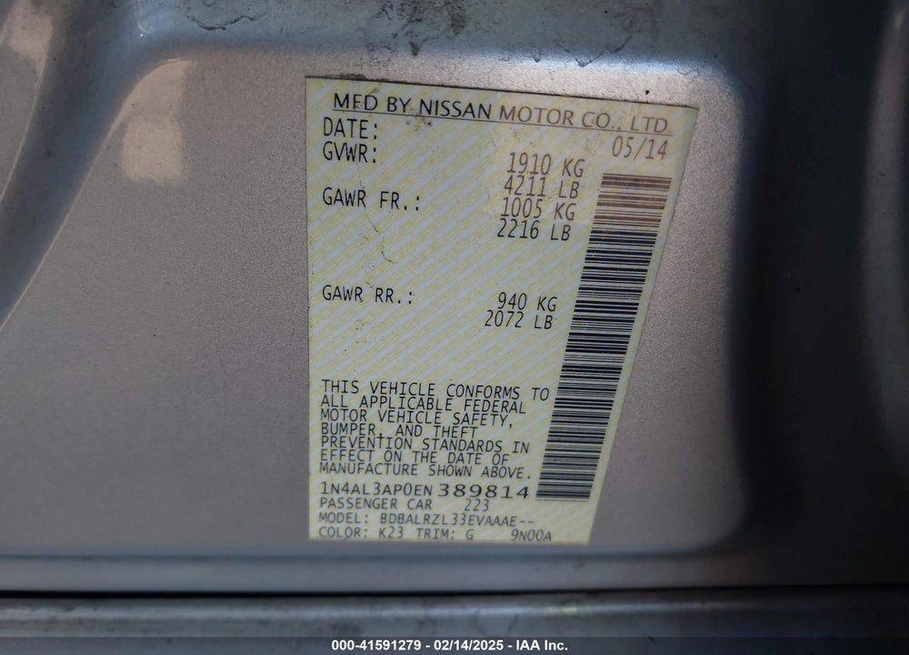 2014 NISSAN ALTIMA VIN: 1N4AL3AP0EN389814