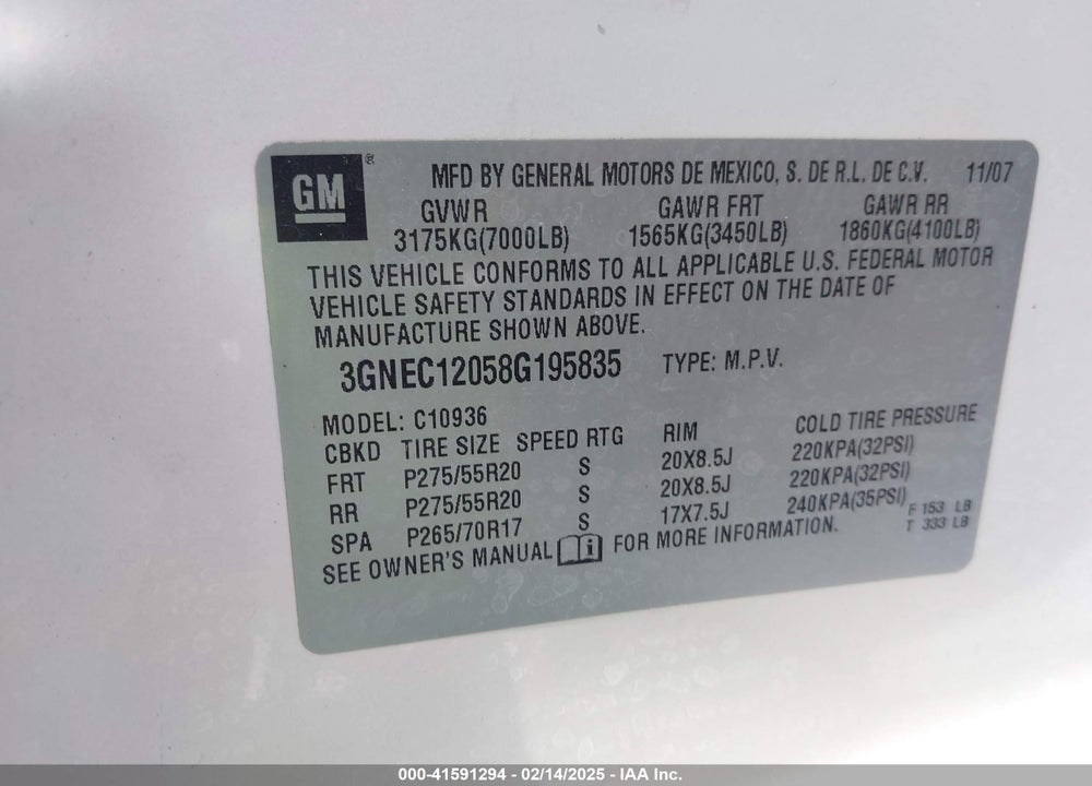 2008 CHEVROLET AVALANCHE 1500 VIN: 3GNEC12058G195835