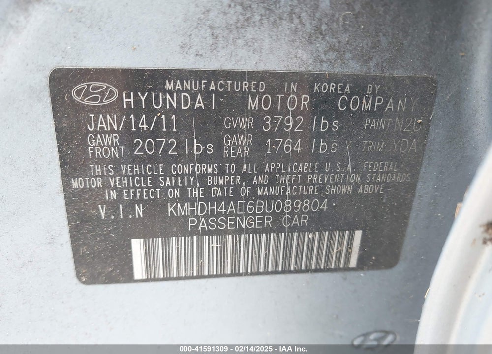 2011 HYUNDAI ELANTRA LIMITED (ULSAN PLANT) VIN: KMHDH4AE6BU089804