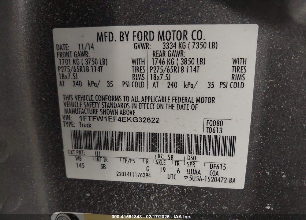 2014 FORD F-150 VIN: 1FTFW1EF4EKG32622