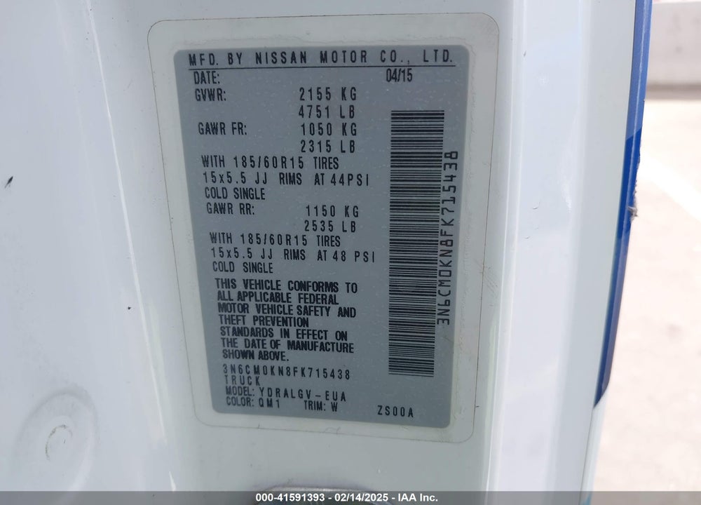 2015 NISSAN NV200 VIN: 3N6CM0KN8FK715438
