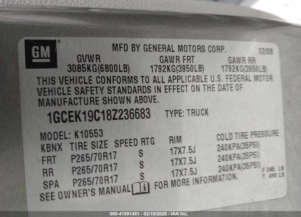 2008 CHEVROLET SILVERADO 1500 LT1 VIN: 1GCEK19C18Z236683