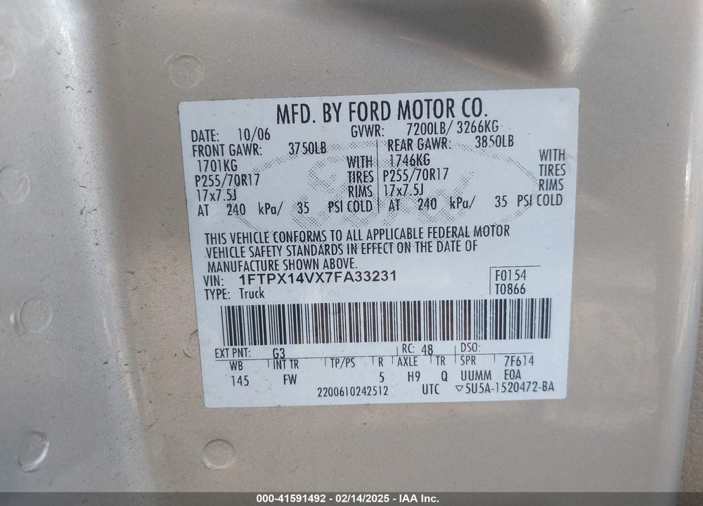 2007 FORD F150 VIN: 1FTPX14VX7FA33231