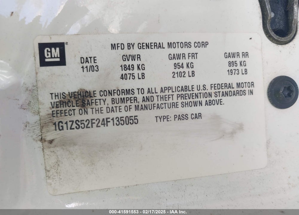 2004 CHEVROLET MALIBU VIN: 1G1ZS52F24F135055