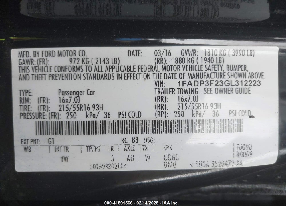 2016 FORD FOCUS SE VIN: 1FADP3F23GL312223