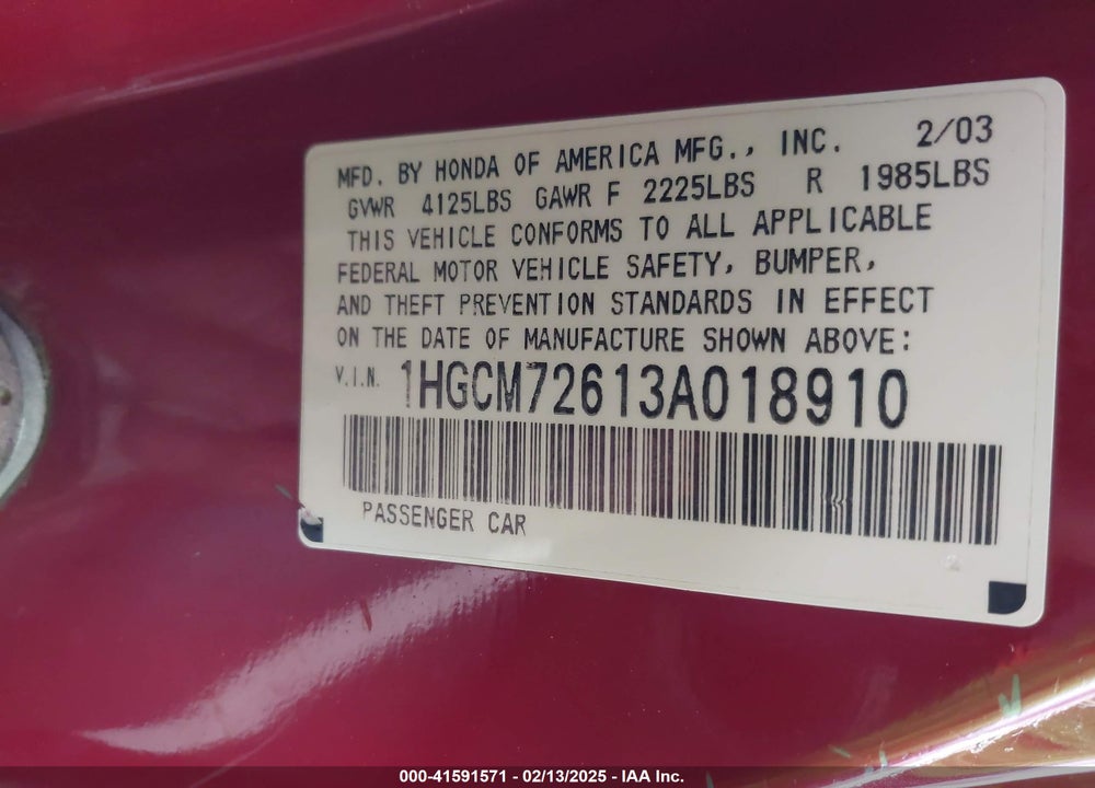 2003 HONDA ACCORD 2.4 EX VIN: 1HGCM72613A018910