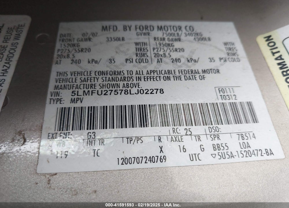 2008 LINCOLN NAVIGATOR VIN: 5LMFU27578LJ02278
