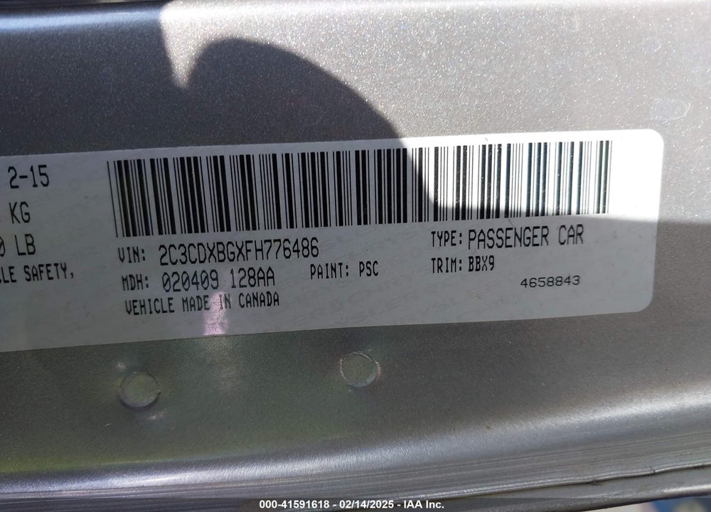 2015 DODGE CHARGER VIN: 2C3CDXBGXFH776486