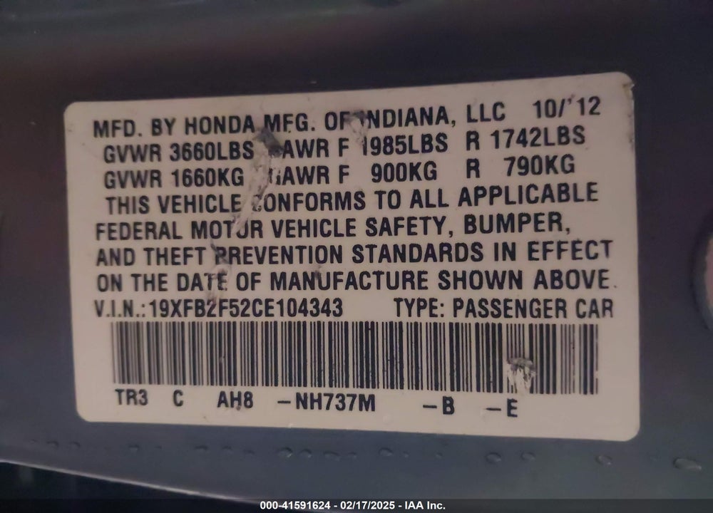 2012 HONDA CIVIC VIN: 19XFB2F52CE104343