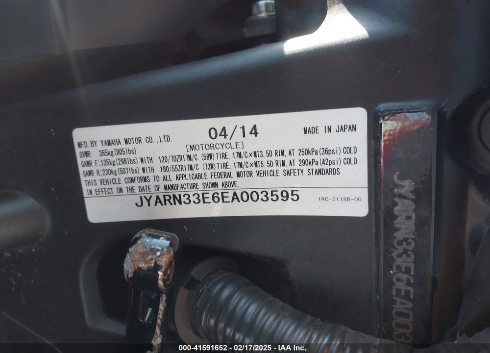 2014 YAMAHA FZ09 VIN: JYARN33E6EA003595