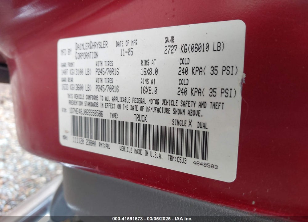 2006 DODGE DAKOTA VIN: 1D7HE48J06S558586