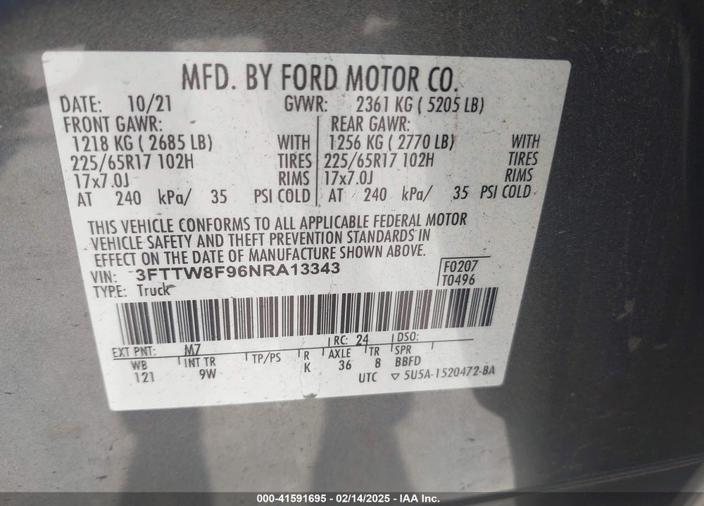 2022 FORD MAVERICK VIN: 3FTTW8F96NRA13343