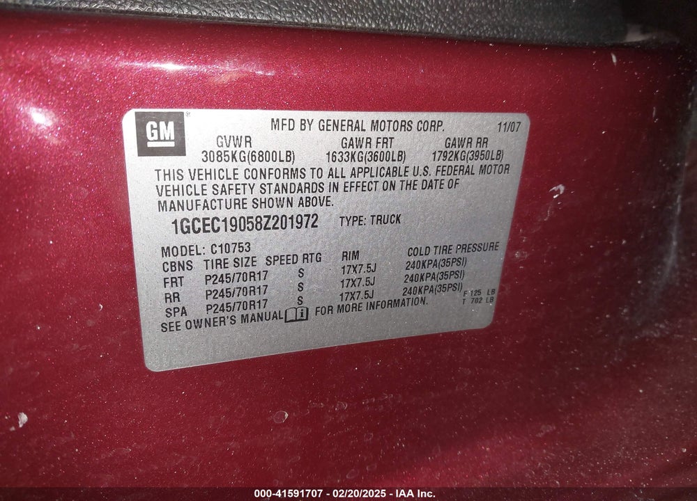2008 CHEVROLET SILVERADO 1500 VIN: 1GCEC19058Z201972