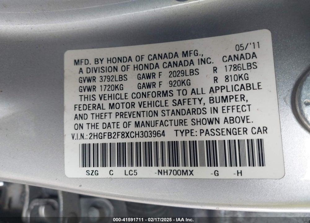 2012 HONDA CIVIC VIN: 2HGFB2F8XCH303964