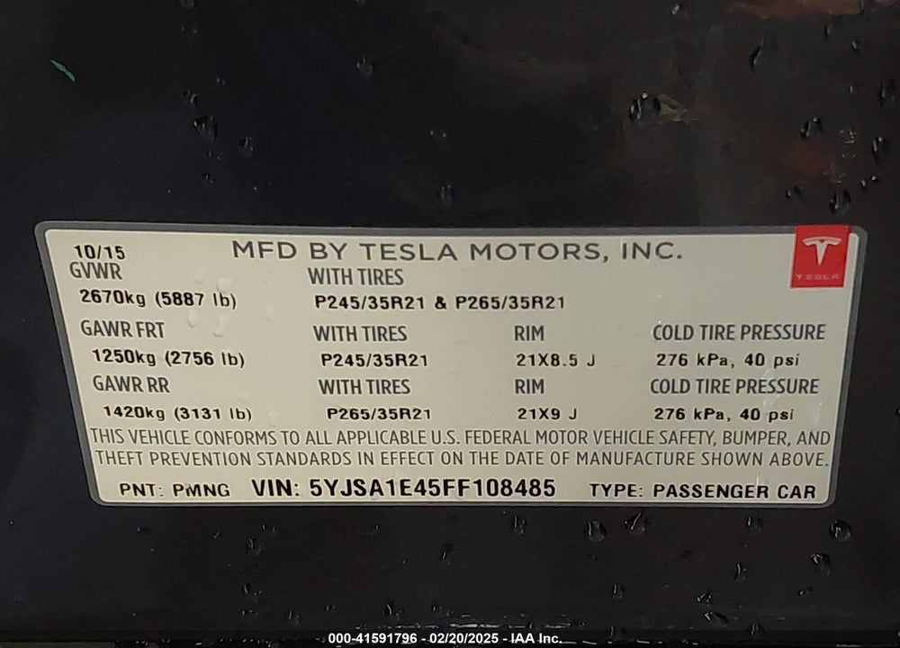 2015 TESLA MODEL S P90D AWD VIN: 5YJSA1E45FF108485