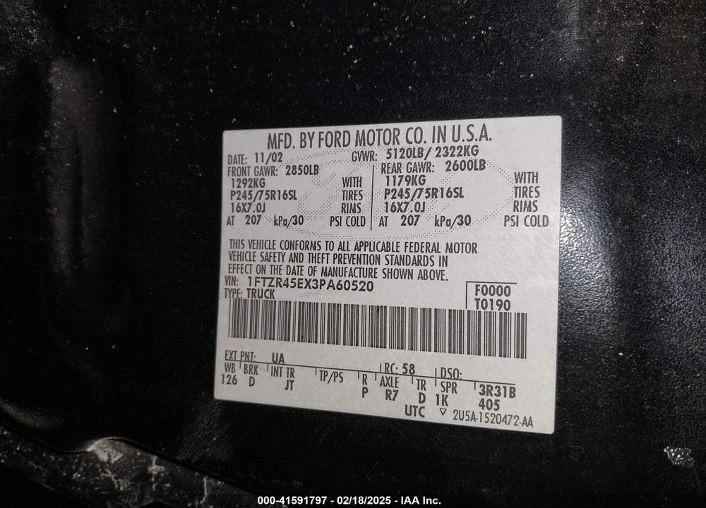 2003 FORD RANGER VIN: 1FTZR45EX3PA60520