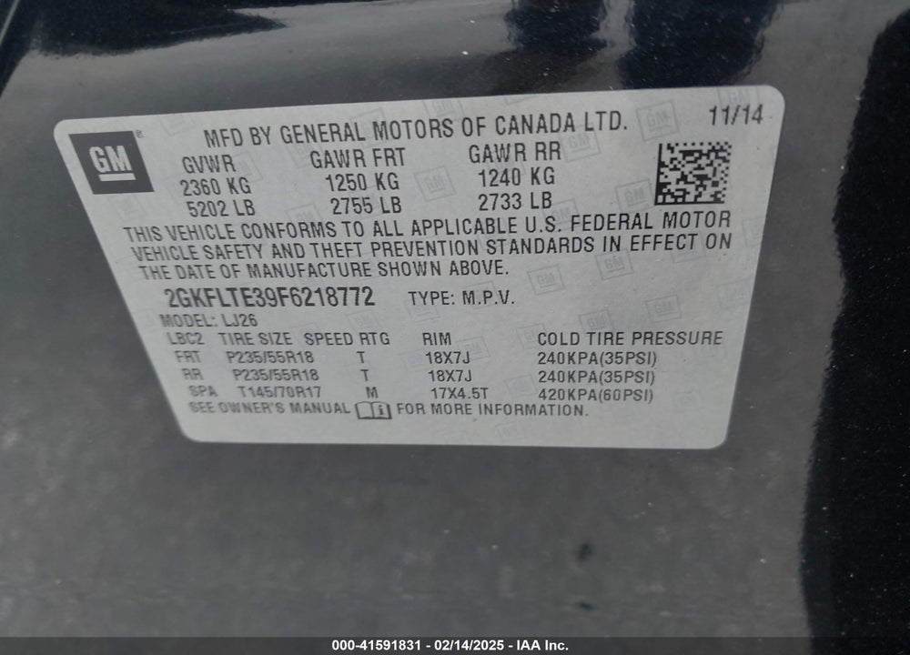 2015 GMC TERRAIN SLT-2 VIN: 2GKFLTE39F6218772