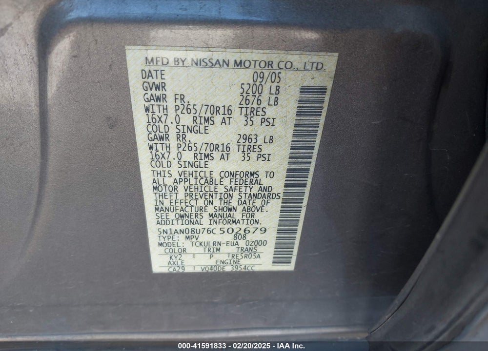 2006 NISSAN XTERRA S VIN: 5N1AN08U76C502679