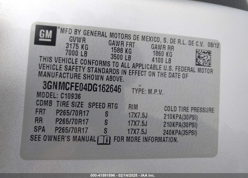 2013 CHEVROLET AVALANCHE VIN: 3GNMCFE04DG162646
