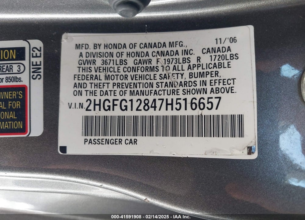 2007 HONDA CIVIC EX VIN: 2HGFG12847H516657