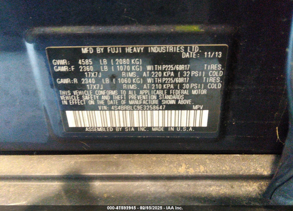 2014 SUBARU OUTBACK VIN: 4S4BRBLC9E3258647