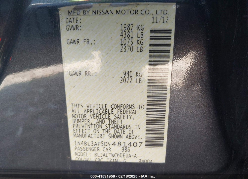 2013 NISSAN ALTIMA VIN: 1N4BL3AP5DN481407
