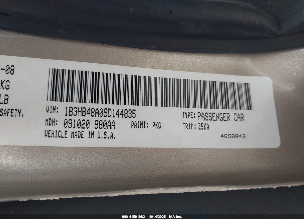 2009 DODGE CALIBER VIN: 1B3HB48A09D144835