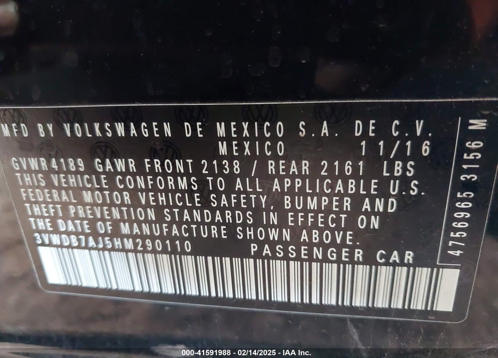 2017 VOLKSWAGEN JETTA VIN: 3VWDB7AJ5HM290110