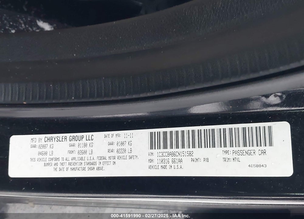 2012 CHRYSLER 200 VIN: 1C3CCBAB6CN151582