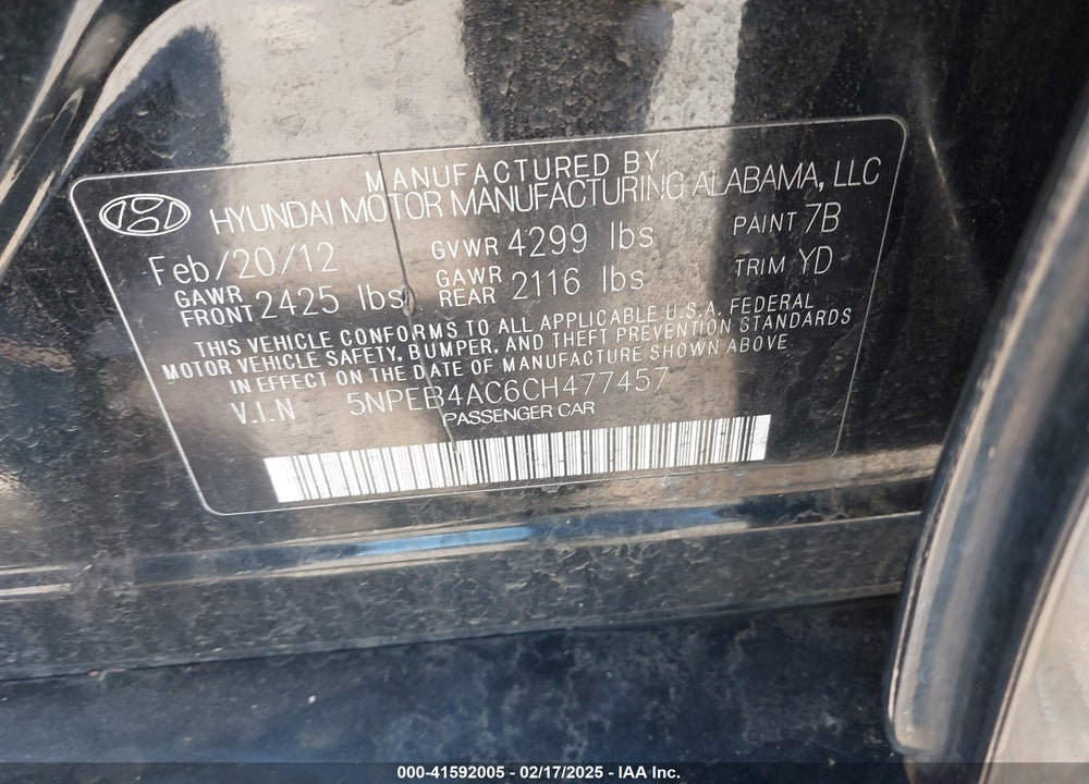 2012 HYUNDAI SONATA GLS VIN: 5NPEB4AC6CH477457