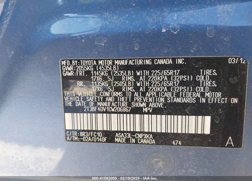 2012 TOYOTA RAV4 VIN: 2T3BF4DV1CW206867