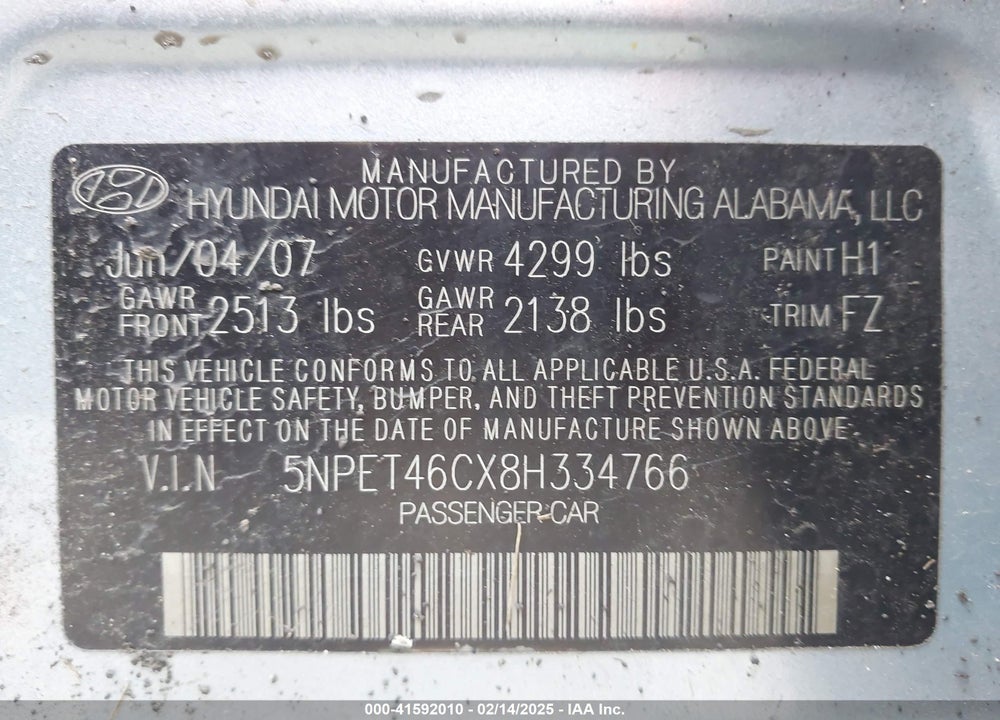 2008 HYUNDAI SONATA VIN: 5NPET46CX8H334766