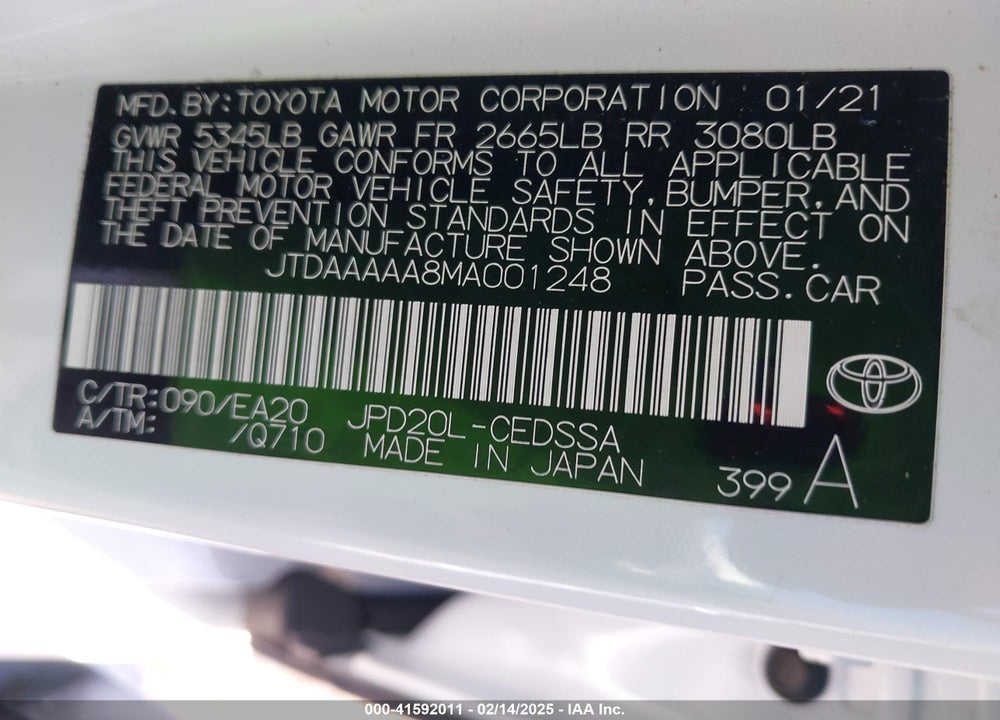 2021 TOYOTA MIRAI VIN: JTDAAAAA8MA001248