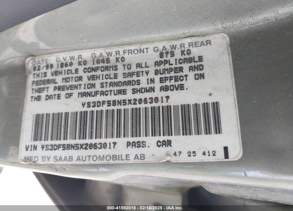 1999 SAAB 9-3 SE VIN: YS3DF58N5X2063017