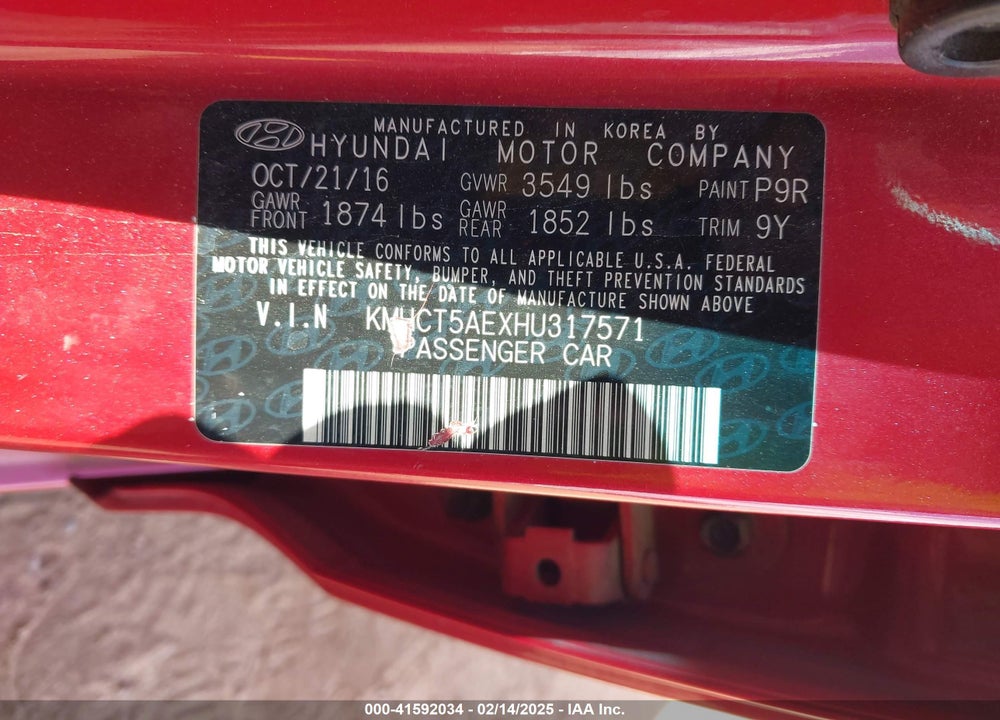 2017 HYUNDAI ACCENT VIN: KMHCT5AEXHU317571