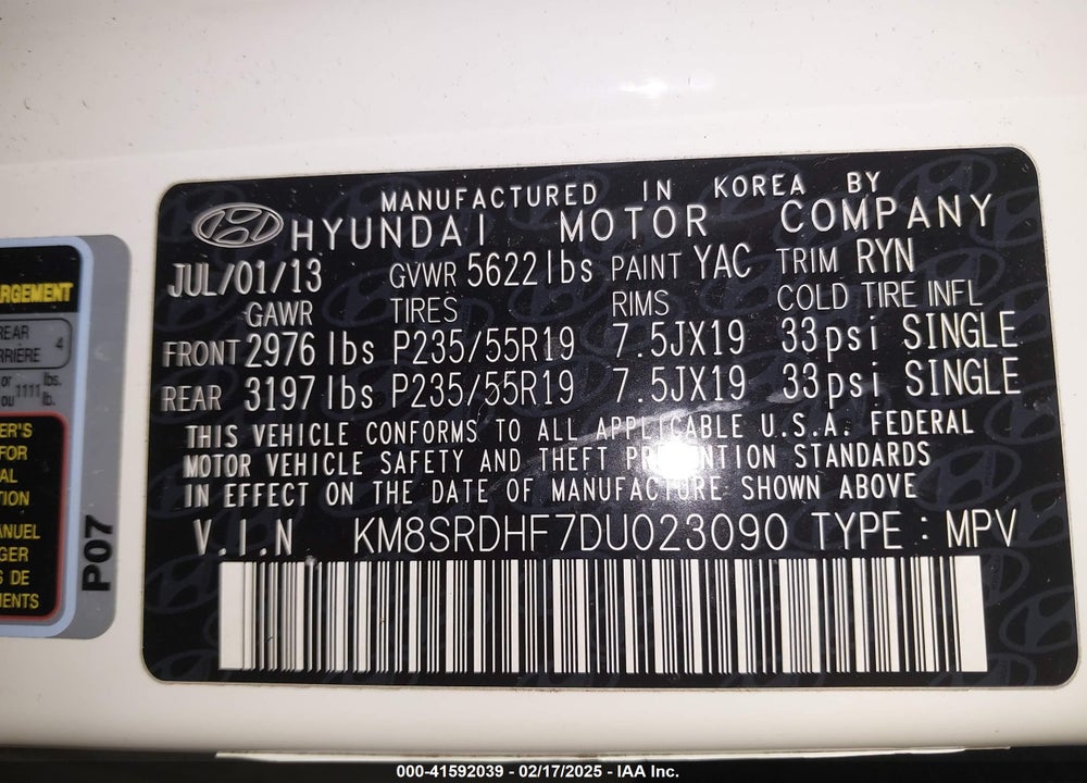 2013 HYUNDAI SANTA FE LIMITED VIN: KM8SRDHF7DU023090