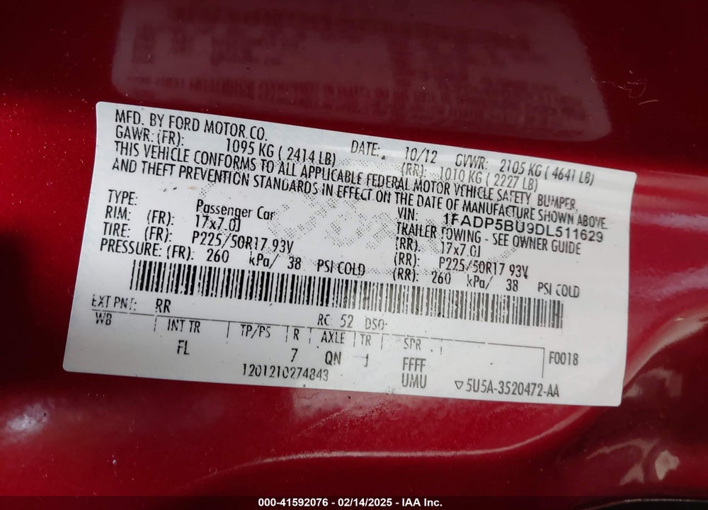 2013 FORD C-MAX HYBRID VIN: 1FADP5BU9DL511629