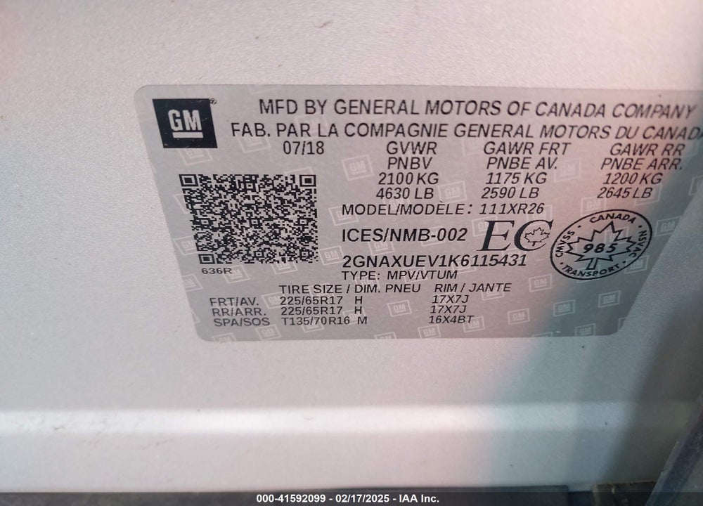 2019 CHEVROLET EQUINOX LT VIN: 2GNAXUEV1K6115431