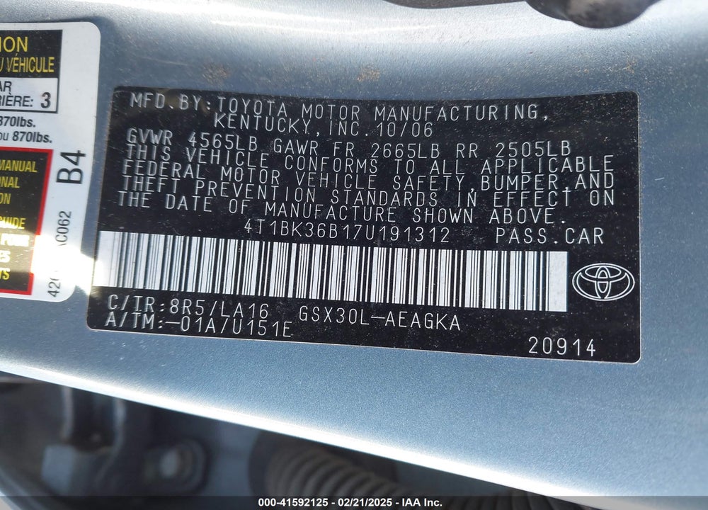 2007 TOYOTA AVALON XLS VIN: 4T1BK36B17U191312
