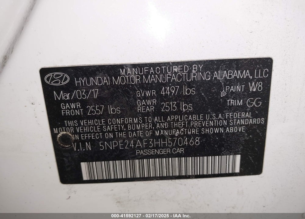 2017 HYUNDAI SONATA VIN: 5NPE24AF3HH570468